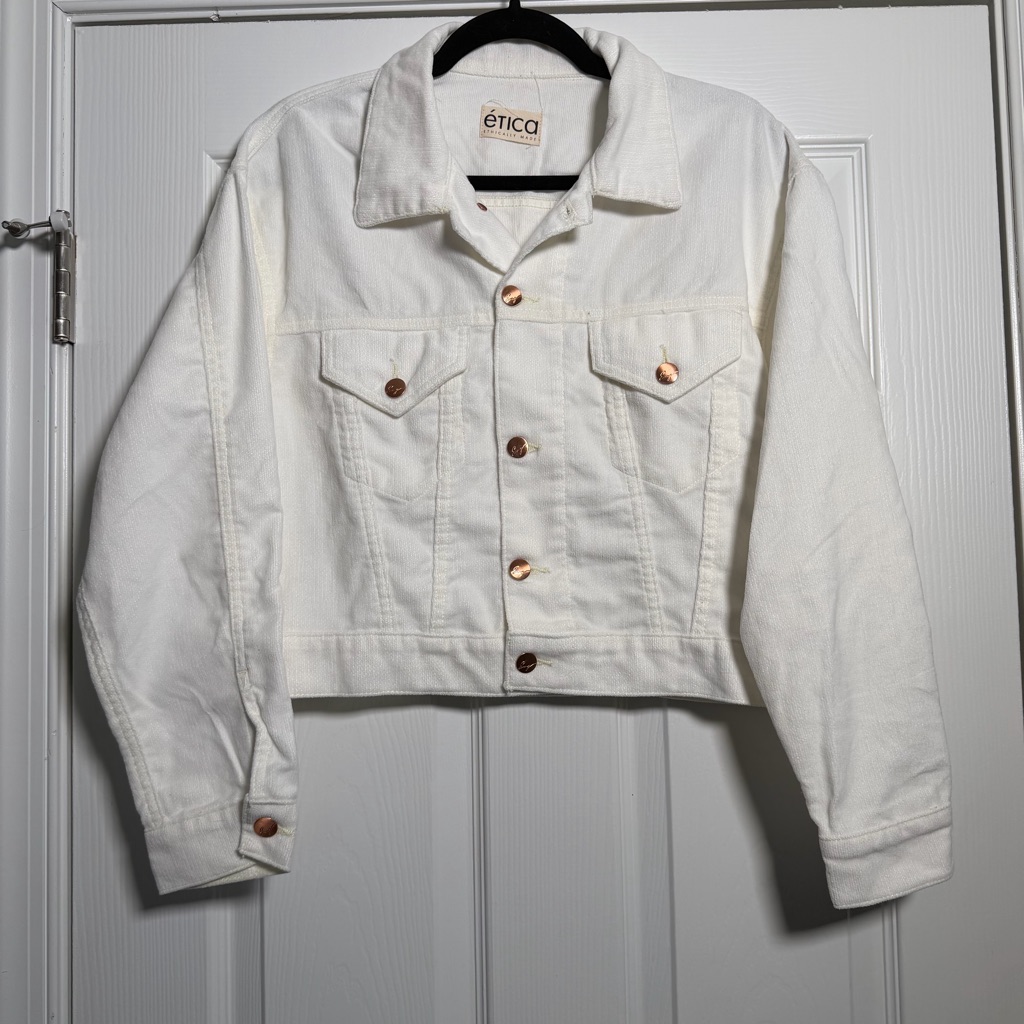 Etica Summer Spring Fall White Cropped Corduroy Denim Jacket With Copper Buttons